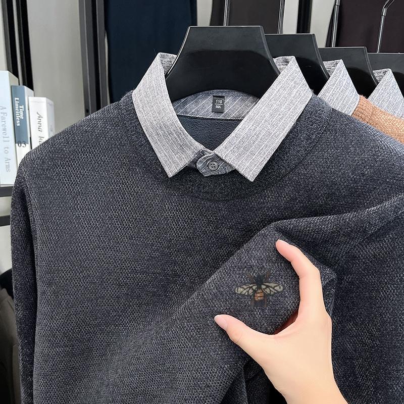 

Men s Lapel Fake Two Piece Knitted Sweater Winter Arrival Bee Print Thicken Warm Versatile Fashion Men swear XL