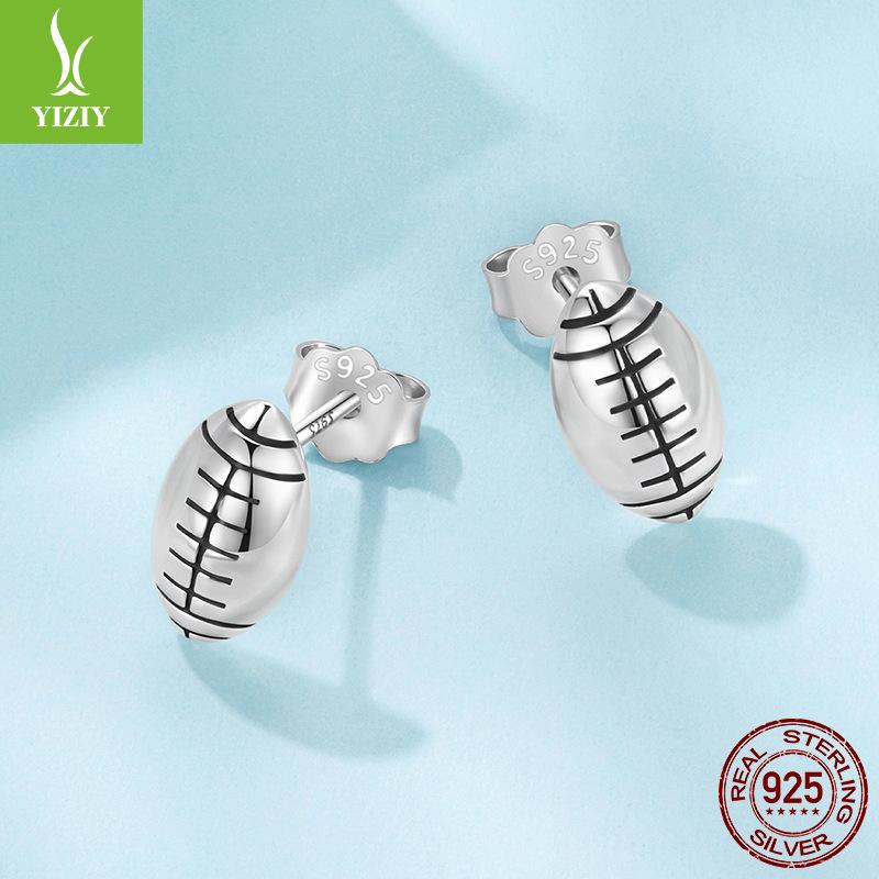 S925 Sterling Silver Rugby Stud Earrings, Fashion Sports Style Silver Whole Body Stud Earrings And Ear Jewelry