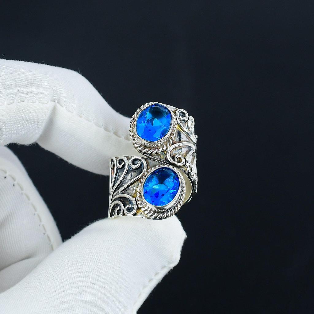 Blue Topaz Adjustable 925 Sterling Silver Ring - Fits US Sizes 6 To 10 - Blue Topaz Antique Handmade Boho Jewelry for Women & Men, Valentine Gifts