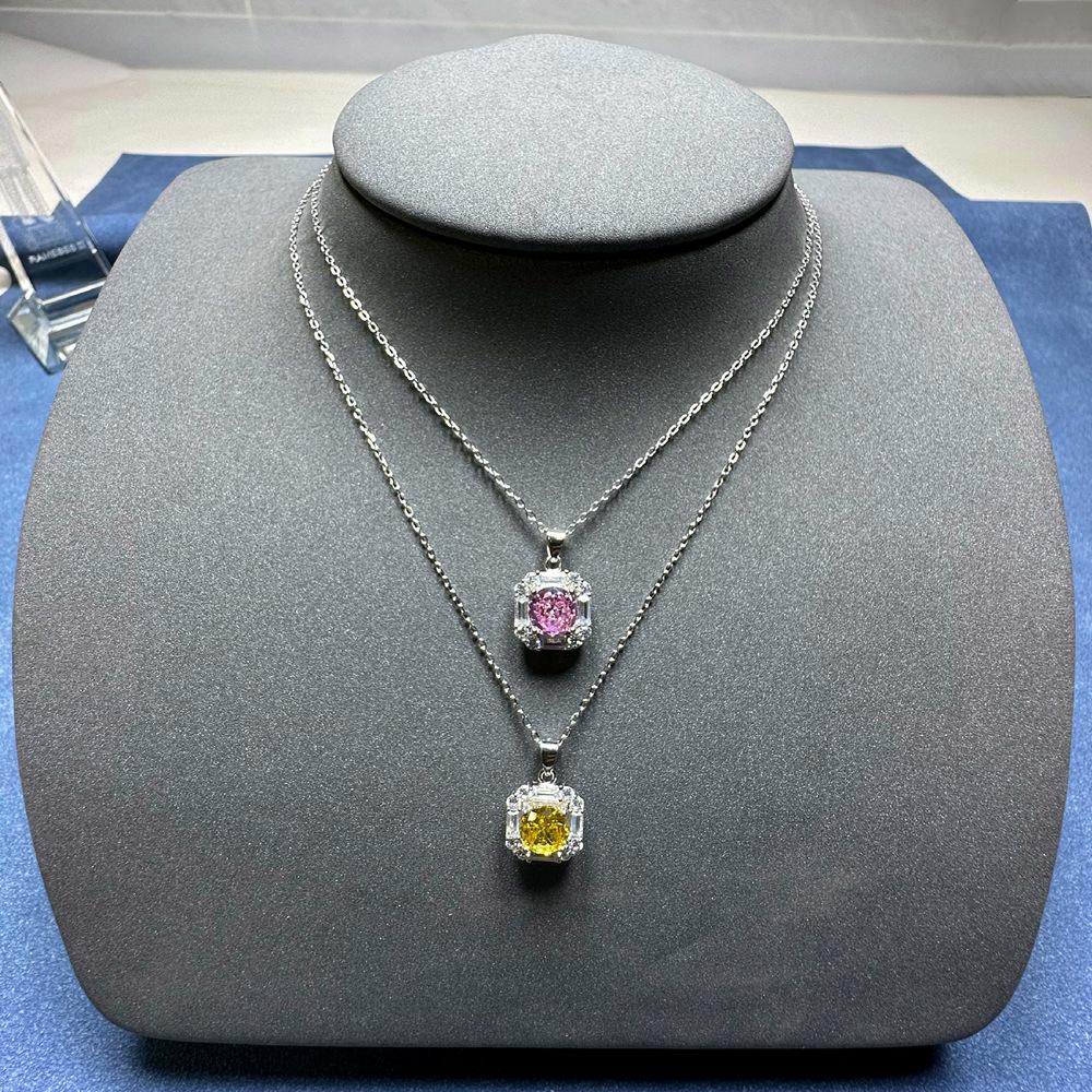 Conjunto quadrado redondo 7 mm colar de diamante amarelo feminino prata esterlina 925 joias com corrente de clavícula