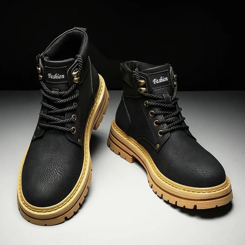 Men's High Top Boots Fashion Leather Casual Boots Classic Lace Up Men's Ankle Boots Non Slip Platform Booties Botas Para Hombre