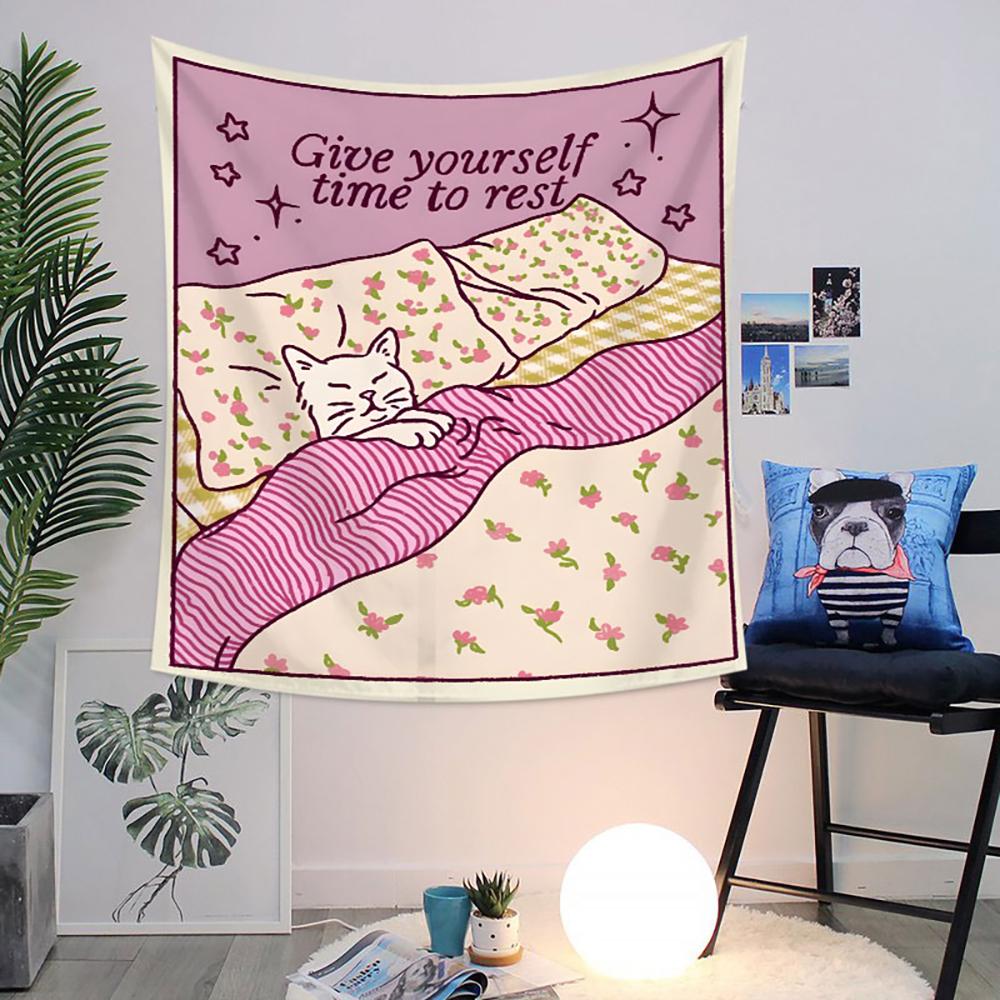 1Pc Cute Cat Tapestry Give Yourself Time To Rest Inspirational Quote Wall Hanging, Aesthetic Pink Floral Decor For Bedroom, Do 70X100cm