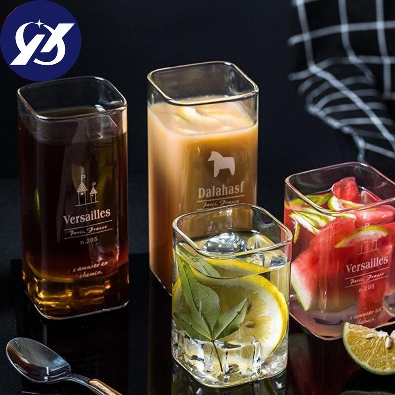 Creative Square Glass Mug Letter Printing Breakfast Milk Coffee Cup Crystal Transparent Heat-Resistant Drinkware Gift