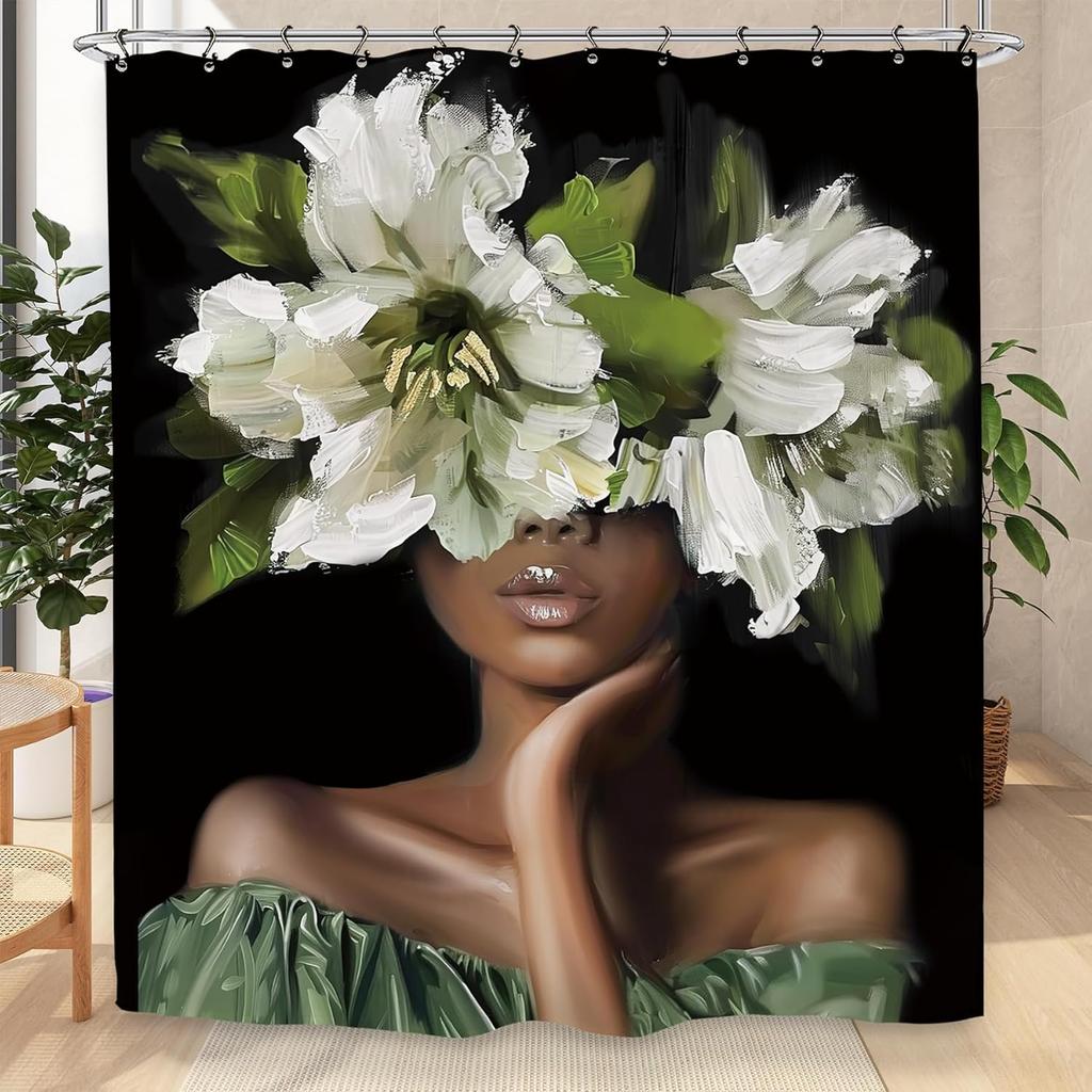 African American Olive Green Shower Curtain Black Girl Flower Oil Painting Art Bathroom Accessories Decoration with 12 Hooks
