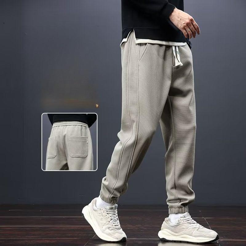 Men's Autumn Winter Japanese Style Cuffed Loose Sports Drawstring Sweatpants Fleece Lined Thickened Warm Casual Long Pants