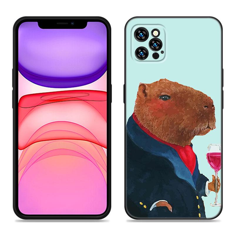 Cute Cartoon Capybara Phone Case For Apple iPhone 12 13 Mini 11 14 15 Pro Max 7 8 Plus X XR XS SE 2020 2022 Black Silicone Case
