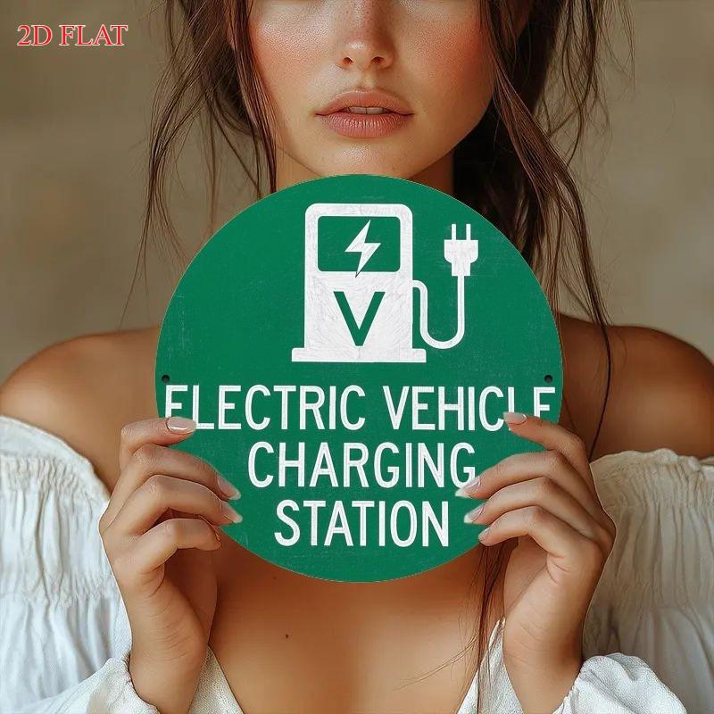 HD Tin Sign Electric Vehicle Charging Station Round Metal Wall Art Vintage EV Charging Area Warning Sign for Garage Parking Lo 20x20cm(8x8inch)
