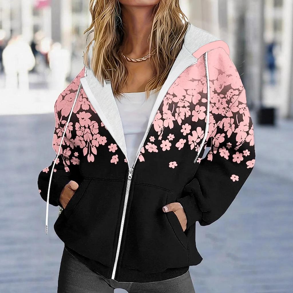 Oversized Flower Patterned Pocket Drawstring Hooded Jacket, Autumn and Winter Casual Long Sleeved Jacket, Women's Plus Size
