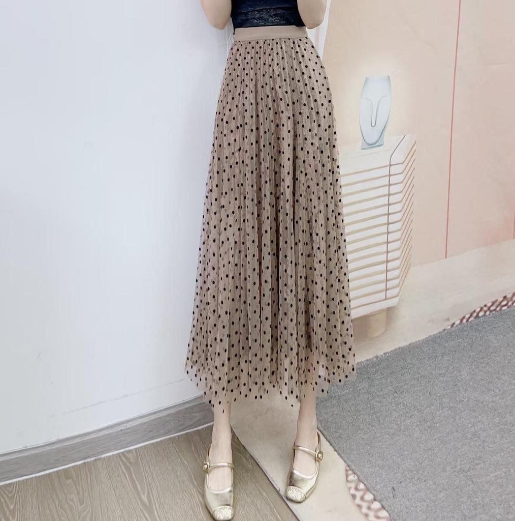 Spring 2026 Velvet Polka Dot Mesh High-Waisted Midi Skirt