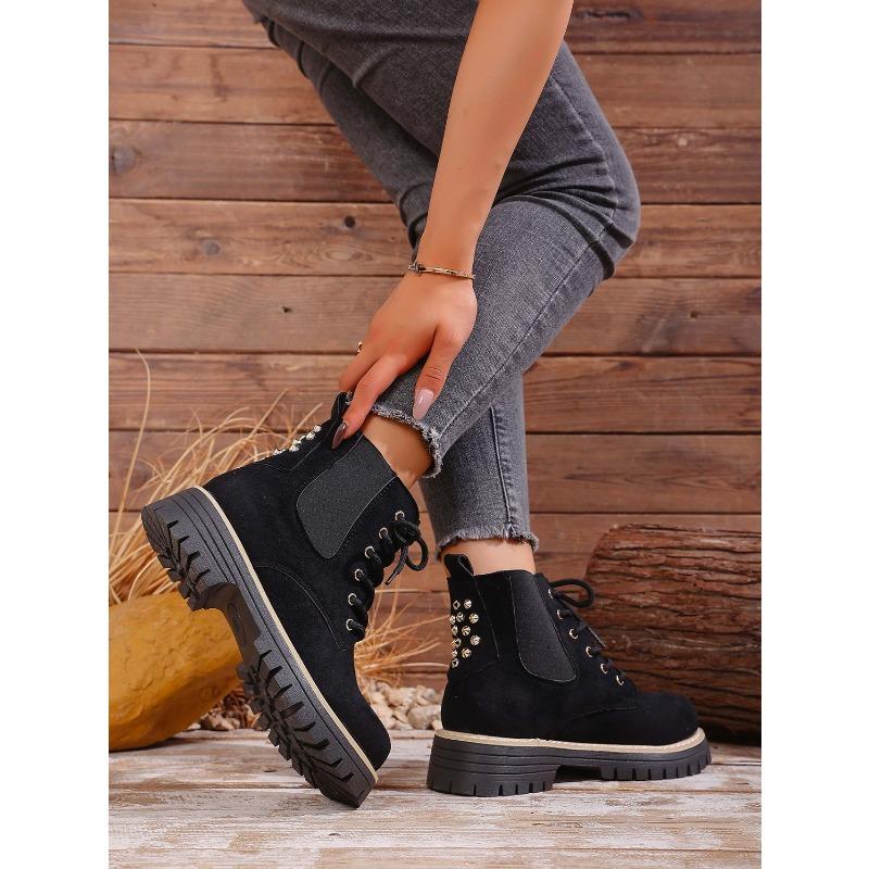 Round Toe Lace-up Muffin Suede Plus Size Booties 2025 Winter Thick Heel British Style Martin Boots for Women