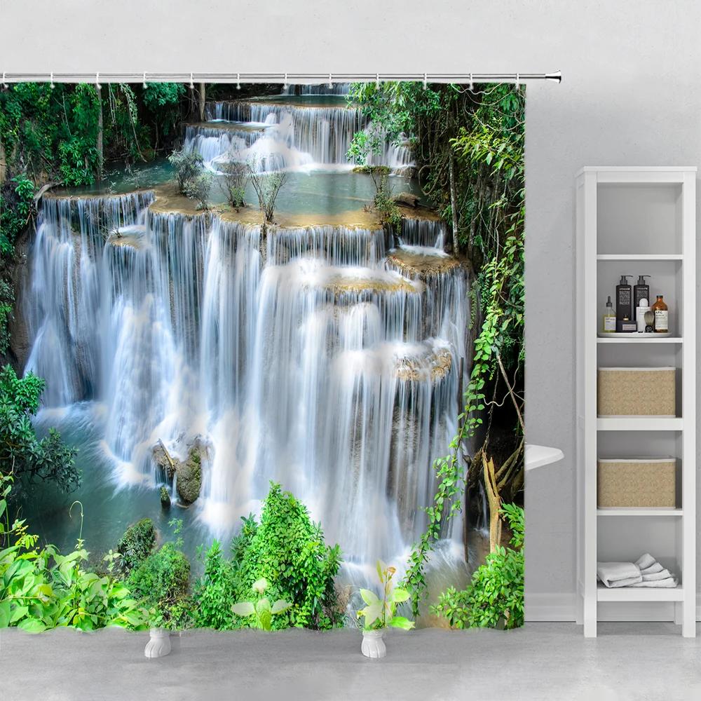 Forest Landscape Shower Curtain Sunshine Waterfall Green Bamboo Mist Jungle Autumn Scenery Bathroom Curtains Bathtub Decor Hooks