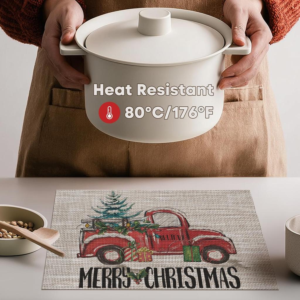 Truck Tree Christmas Vinyl Placemats Set of 4, 12x18 Inch Washable Non-Slip Heat Resistant Woven Plastic Table Mats for Party Dining Table