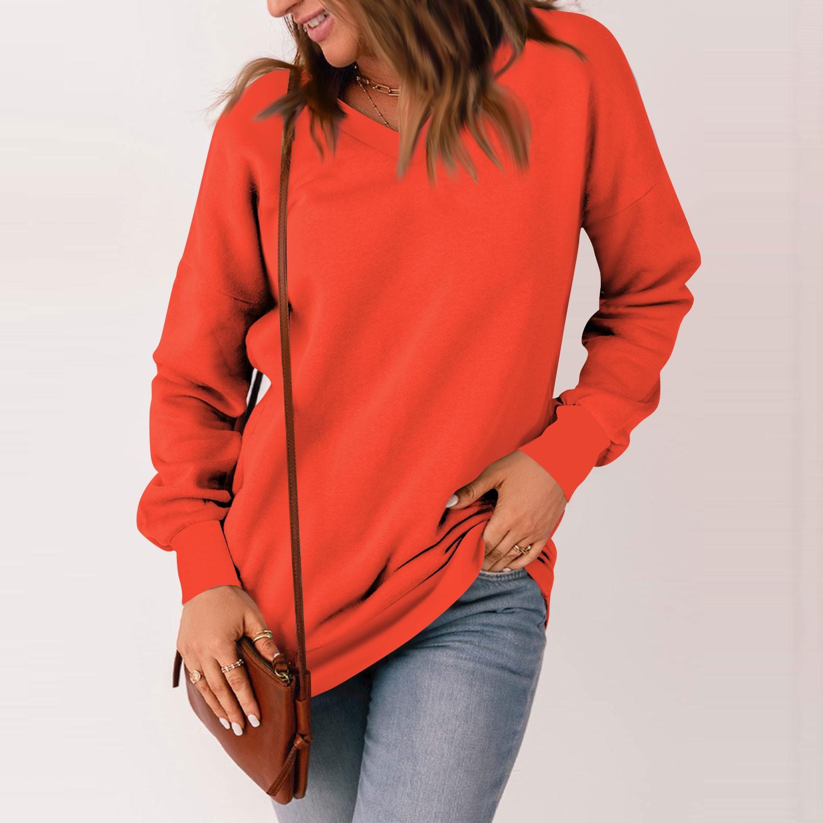 Женская повседневная толстовка с v-образным вырезом, свободные мягкие пуловеры с длинными рукавами, однотонные рубашки с боковыми карманами XL