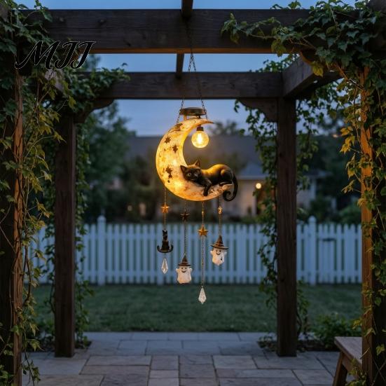 Vintage Resin Animal Garden Decor Solar Moon Black Cat Wind Chime Light, Powered Hanging Lamp, Waterproof Halloween Decorative Ghost Lights
