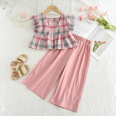 Girls Summer Fresh Sweet Casual Suit Short Sleeved Top+solid Wide Leg Pants Two-piece Set