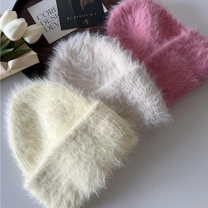 Women Winter Soft Faux Mink Fur Knitted Beanie, Japanese & Korean Style Warm Thick Cashmere-Like Rolled Edge Hat, Cozy Fluffy Purple Knit Cap