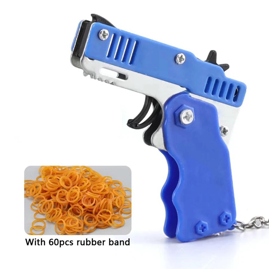 Mini Metal Folding Rubber Band Gun with Keychain Pistol Alloy Toy Gun with 60pcs Bands for Kids Outdoor Fun Birthday Gifts