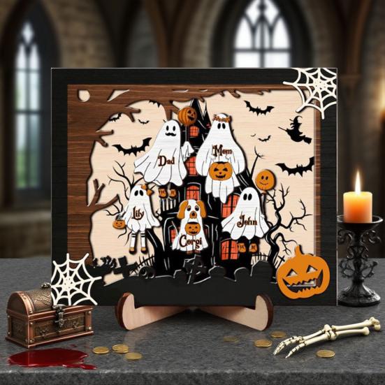 Halloweenská rodinná cedule s duchem Dřevěný fotorámeček s duchem Stolní dekorace pro Halloween Selský police Stolní domácí dekorace