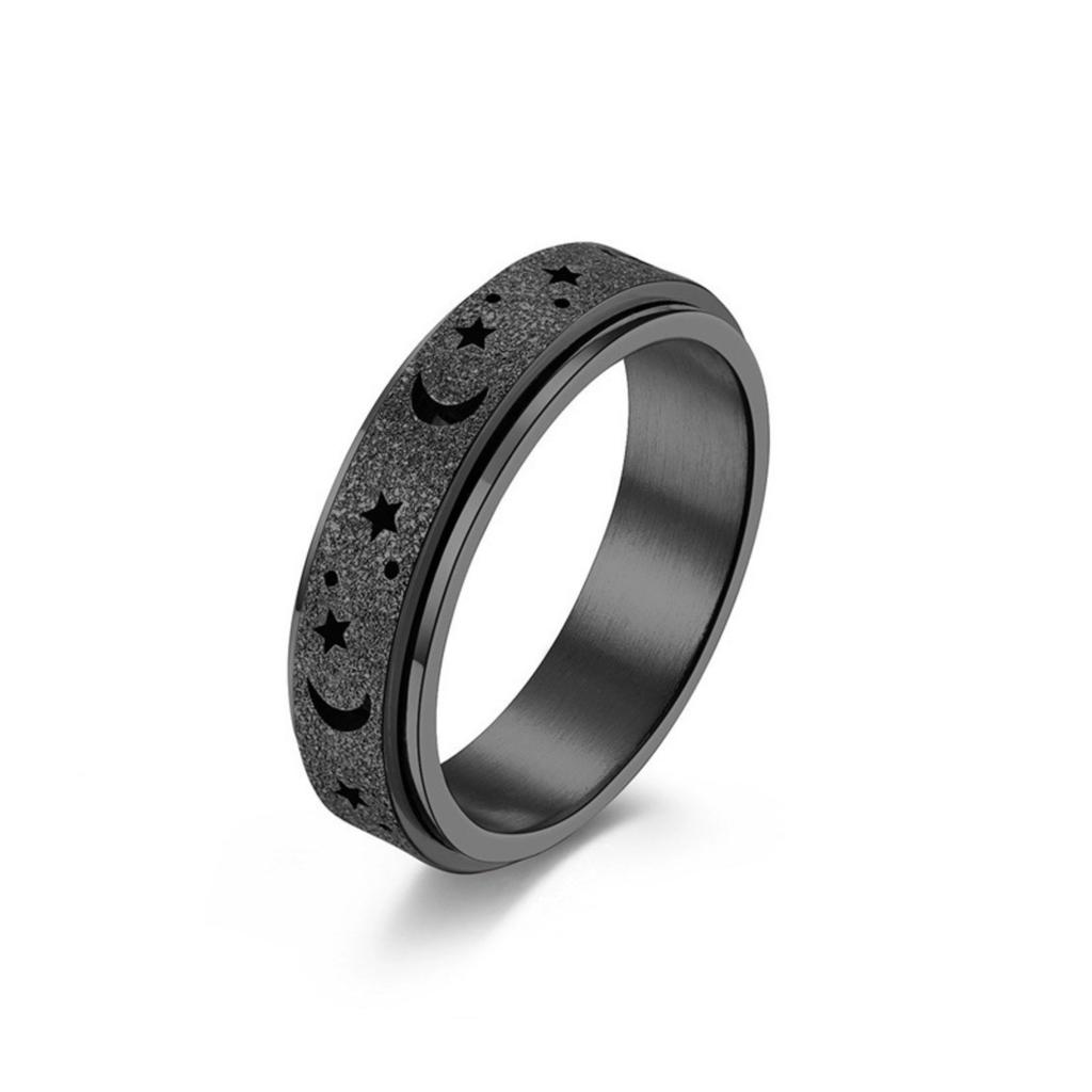 Men's Stainless Steel Ring with Moon and Star Pattern Textured Surface Band for Finger Fashion Accessory Unique Design Durable Material