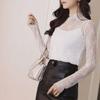 Hollow Lace Bottomed Blouse Long Sleeve See Through Tops Elegant Transparent T-shirt  Girls