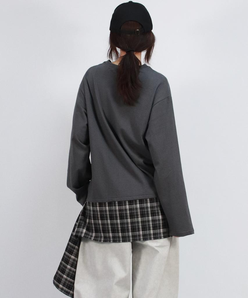 Deumakeu Layered Checkered Wrap Long Sleeve T-Shirt Charcoal