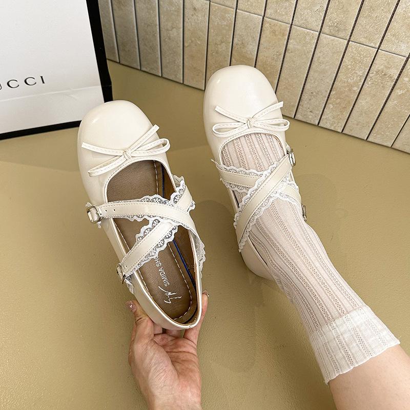 French lace bow Mary Jane small leather shoes women's 2025 summer new with skirt flat ballet lo shoes