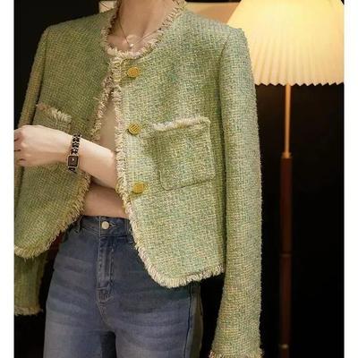 Women Korean Fashion Tweed Jackets Tops Casual O-neck Single Breasted Spring Autumn Fall Elegant Long Sleeve Manteau Blusas