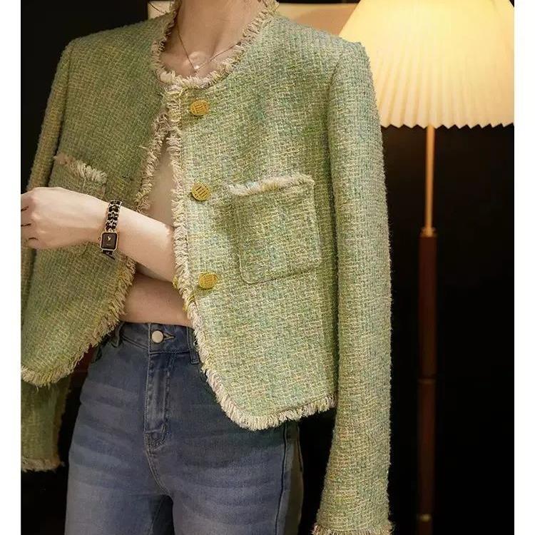 Korean Fashion Tweed Jackets Tops Women Casual O-neck Single Breasted Spring Fall Elegant Long Sleeve Manteau Blusas