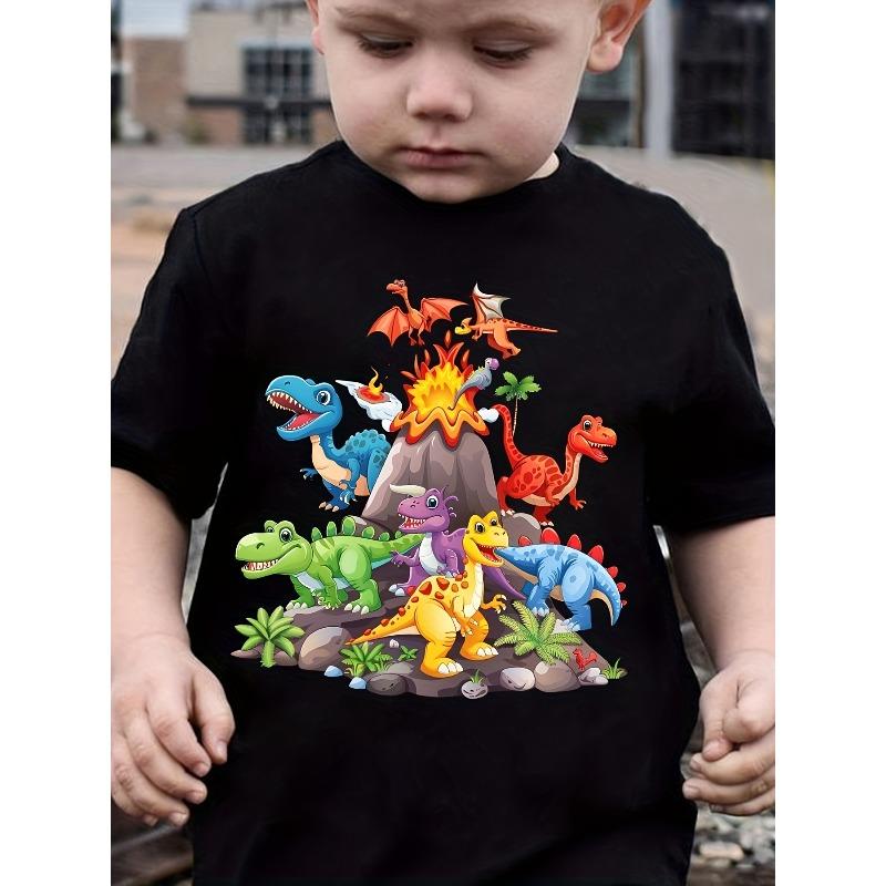 Evropské velikosti Dětské Chlapecké Letní Tričko s Kresleným Dinosaurem - Živá Scéna Vulkánu a Džungle, Krátký Rukáv, Kulatý Výstřih, Ležérní Vrchní Díl, Lehký, Běžný