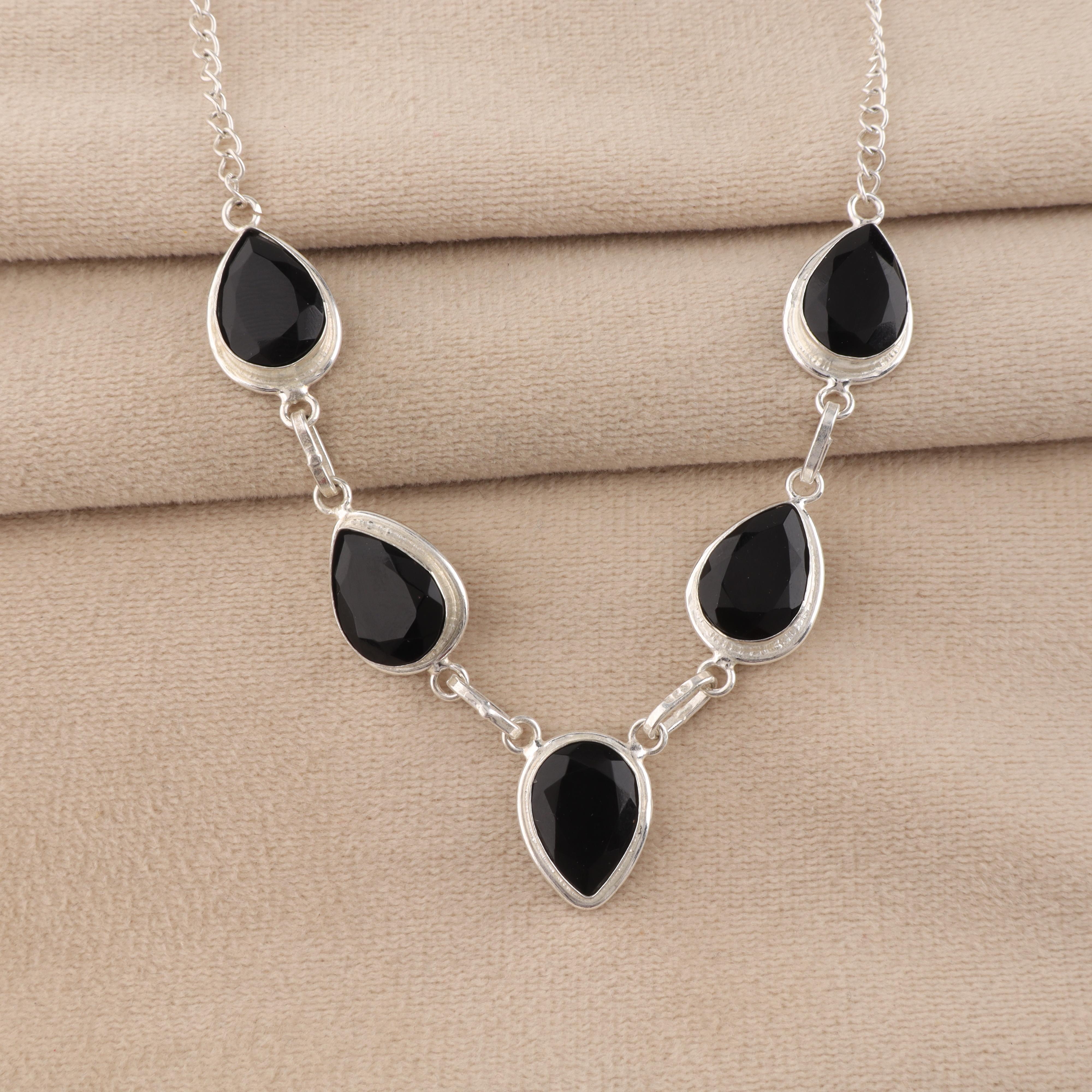 

Black Onyx Gemstone 925 Sterling Silver Handmade Women Necklace, Wedding Jewelry RN-1-17