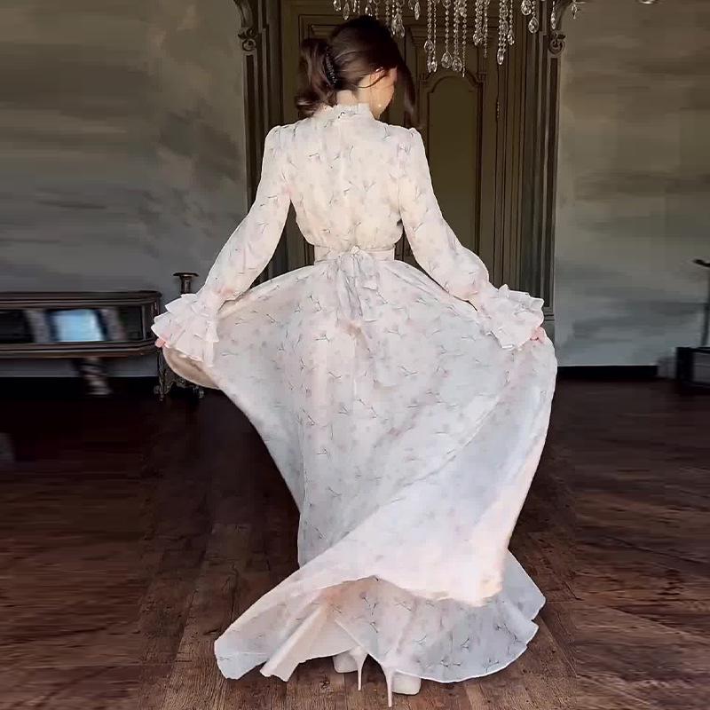 2024 Autumn Women's French Tea Break Floral Dress - Elegant and Stylish