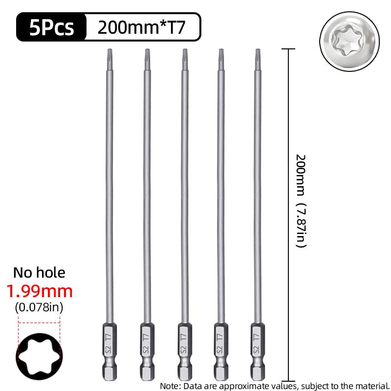 200mm Torx Screwdriver Bits Magnetic Hollow Plum Blossom Head S2 Steel Security Bit T6-T40 1/4'' Hex Shank Hand Power Tools