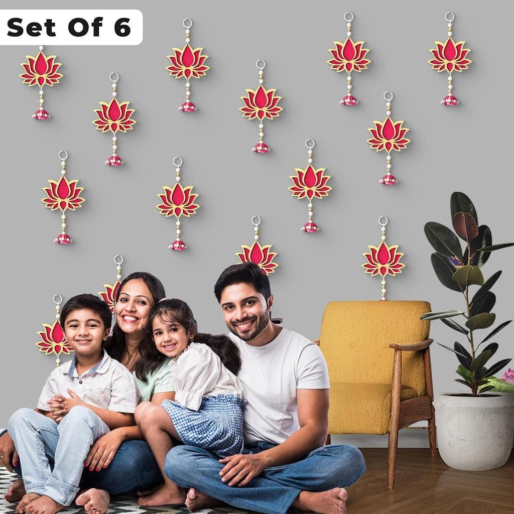 Lotus Wall Hanging with Jhumki - Set of 6 | Pink/Raani Artificial Flowers Bunch |