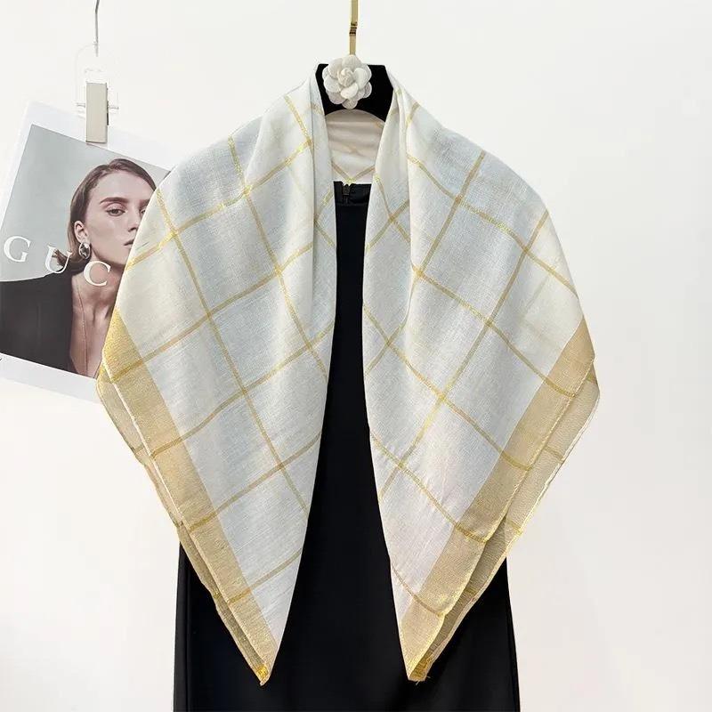 Women S Gold Line Plaid Square Scarf 90x90cm Elegant Shawl For Autumn Winter