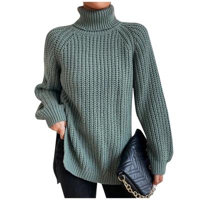 Women's Casual Solid Color Slim High Neck Knit Sweater Long Sleeve Top