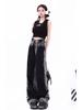 Women's Summer 2024 Black & Gray Gradient Wide-Leg Denim Pants: Slimming, Draping, Floor-Length, Straight-Leg