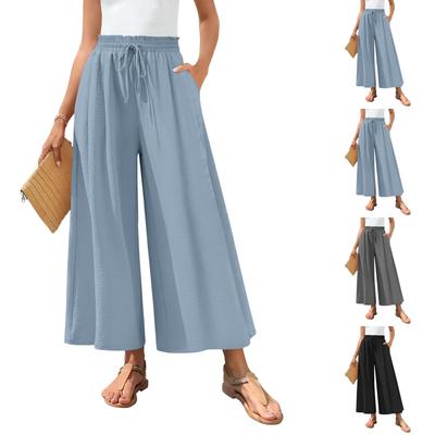 Women Elastic High Waist Pant Casual Fit Wide Leg Long Pants Trousers With Pockets