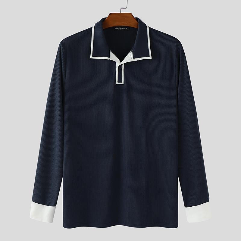

INCERUN Autumn Men Lapel Neck Stitching Long Sleeve Rib Casual Loose Pullover Tops XL синий