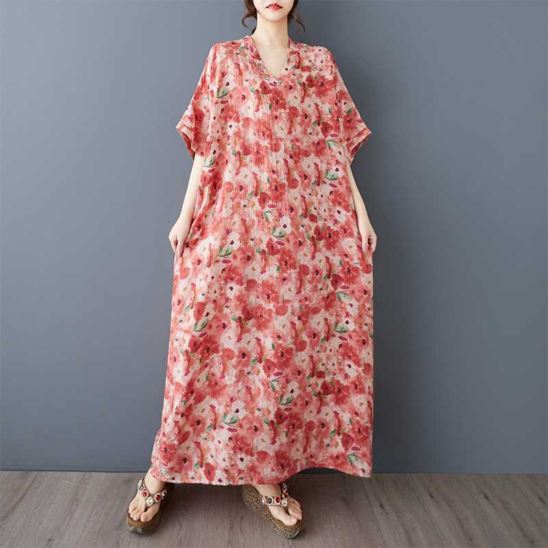 Summer Floral Vacation Style Travel V-neck Retro Long Dress To Hide The Flesh Cotton and Linen Dress