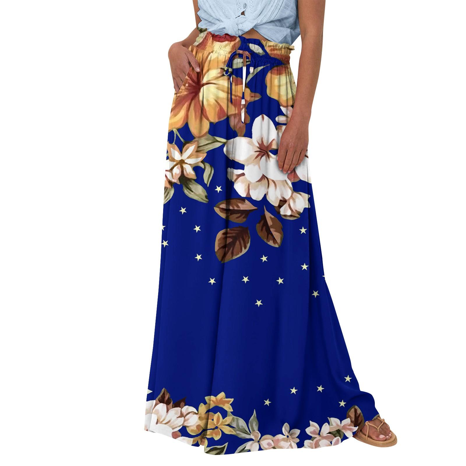 

Женские широкие брюки с высокой талией, летние повседневные струящиеся брюки-палаццо, пляжные брюки с цветочным принтом и карманом XXL синий