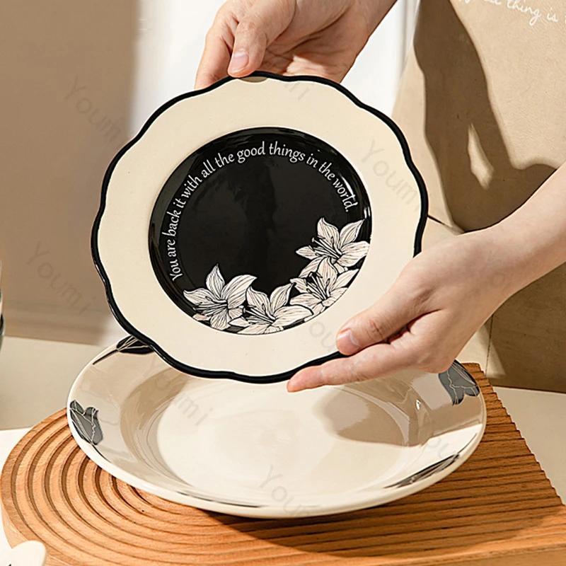 Retro Flowers Ceramic Plate Light Luxury Restaurant Steak Plate Afternoon Tea Dessert Fruit Plates Exquisite Black Tableware
