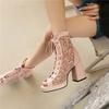 FOREADA Women Hollow Mesh Sandals Peep Toe Thick High Heels Platform Lace-up Zipper Sexy Jazz Dance Boots Ladies Shoes Summer 46