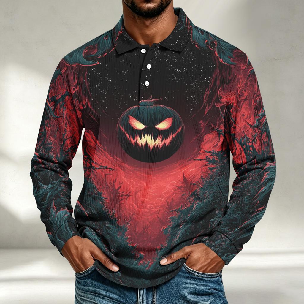 Men's Casual Halloween Print Long Sleeve Shirt Loose Fit