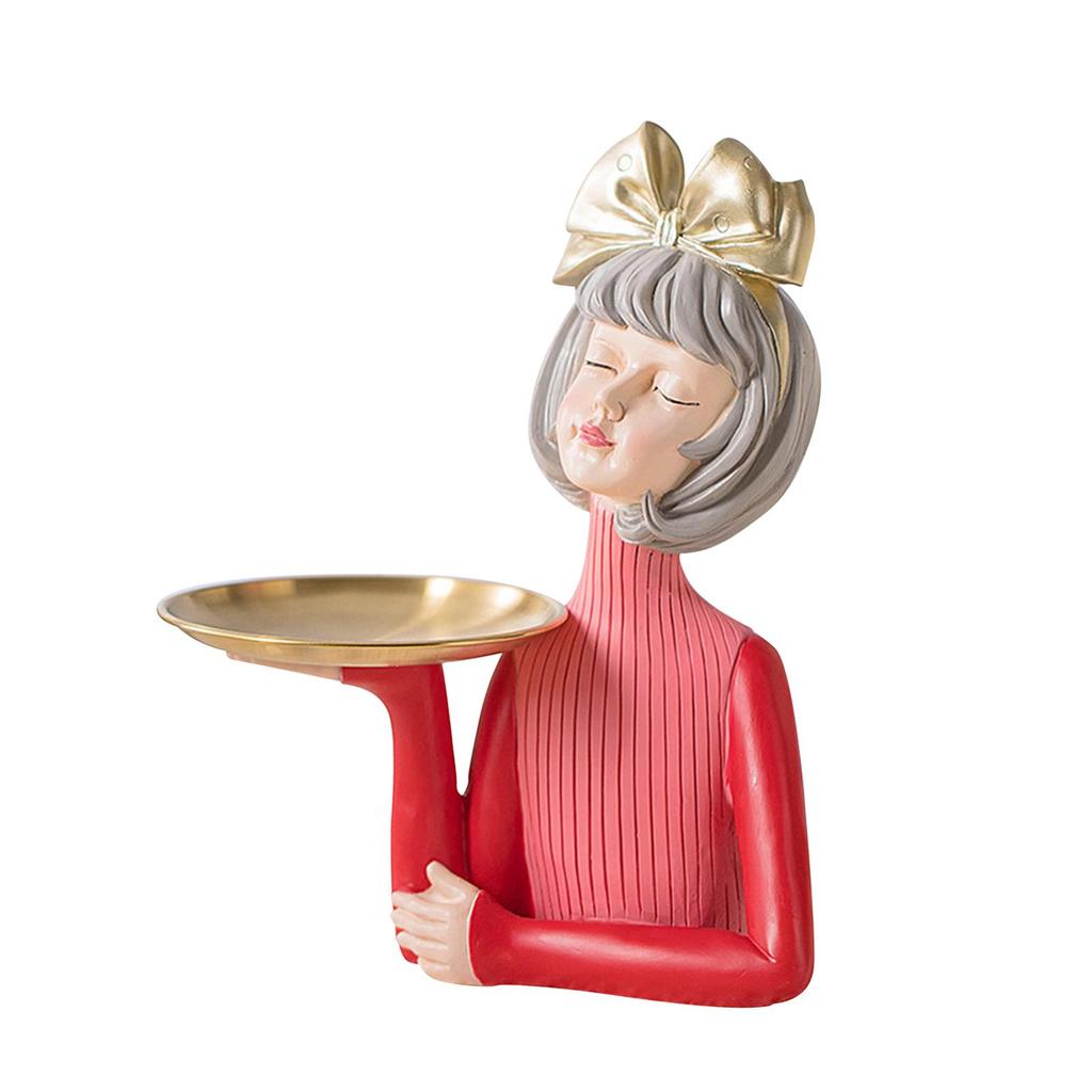 Multi Purpose Girls Statue with Tray Home Decoration Figurine Ornament Sculpture Keys Holder Candy Dish for Desk Entryway Office