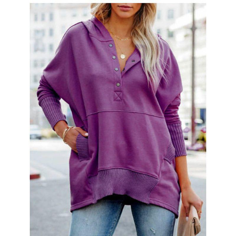 

2022 European and American Autumn and Winter New Style V-Neck Hooded Multi-Color Batwing Sleeve Sweatshirt Loose Ribbed Patchwork Top for Women Purple S