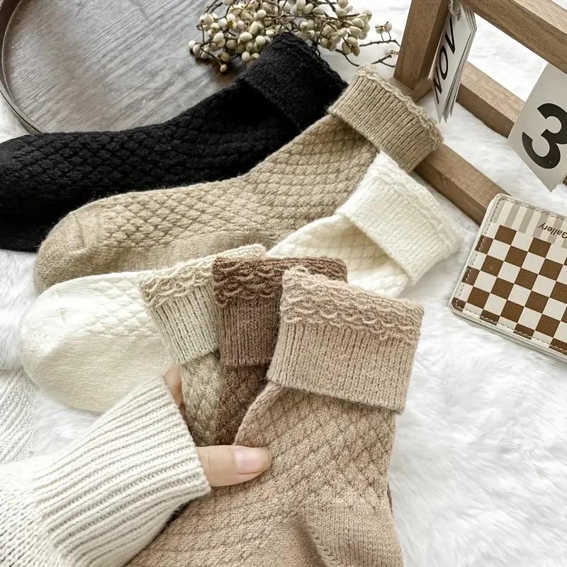 6 Pairs Elegant Women Plush Mid Tube Socks Fashionable Autumn Winter Soft Comfortable Warm Plush Solid Color Casual Socks