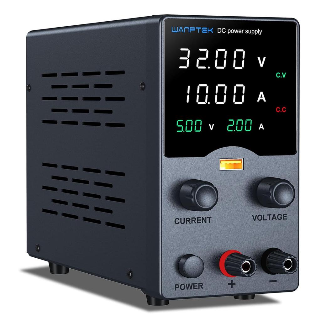 Wanptek DC Power Supply 30V 10A, Variable Bench Supply with Encoder, USB Fast Charge, 4-Digit LED Display
