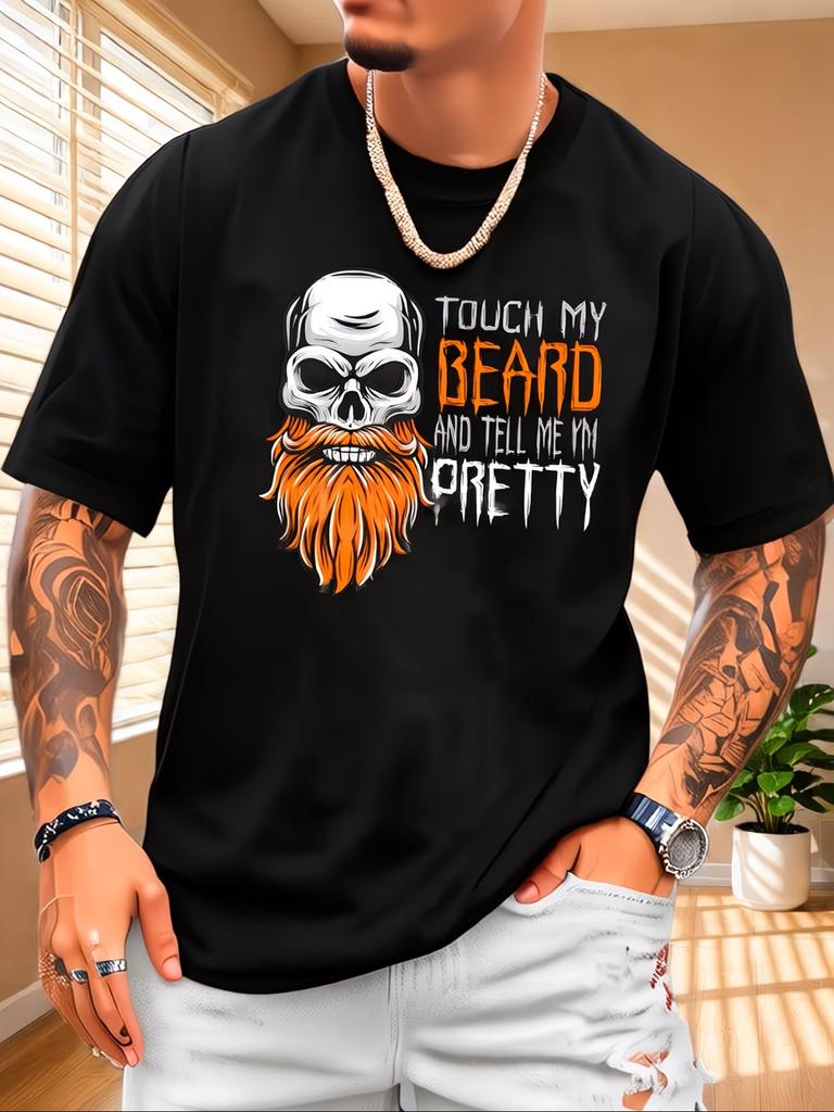 Beard Skull Pattern Tshirt Soft Unisexs Round Neck Short Sleeve Casual Streetwear With Bold Orange And White Prints