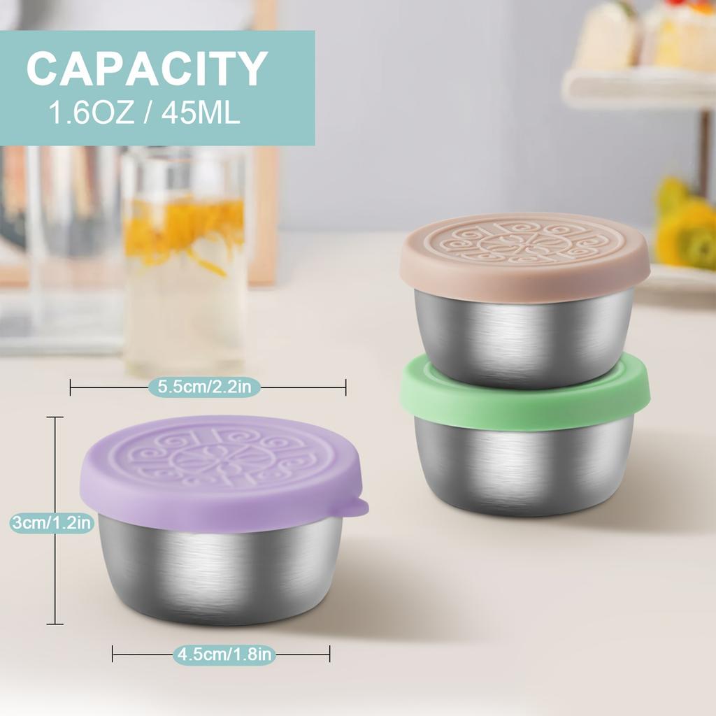 1.6 oz Stainless Steel Salad Dressing Containers with Leak-proof Silicone Lids. Ideal for Lunch Boxes, Picnics & Travel.
