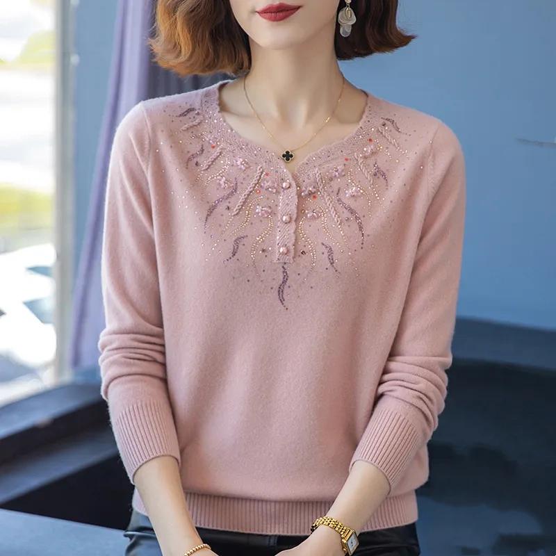 

Осенне-зимний кашемировый вязаный свитер, расшитый бриллиантами, женский свободный оверсайз базовый свитер M